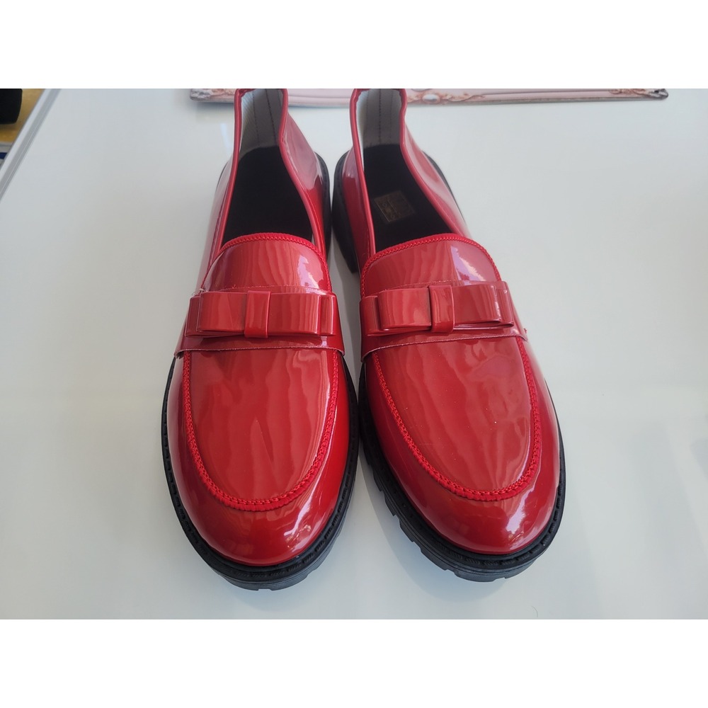 Red Patent Bow Loafers Lug Sole Slip On Shoes Size 43 - Picture 7 of 7